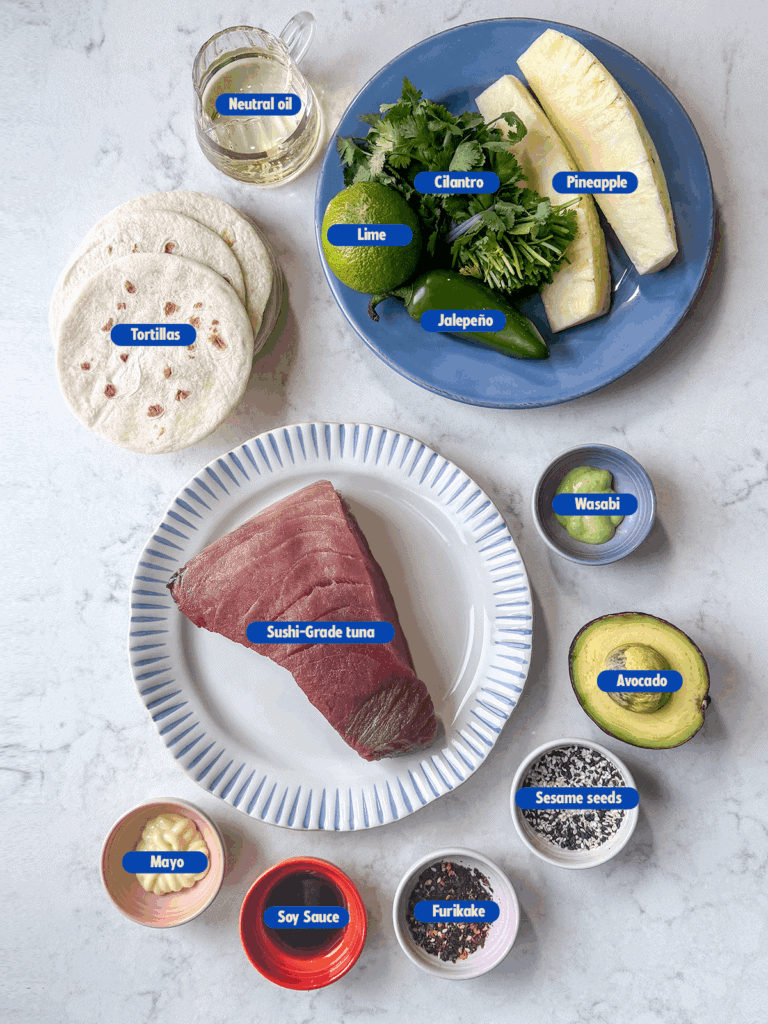 labeled ingredients for tuna tacos