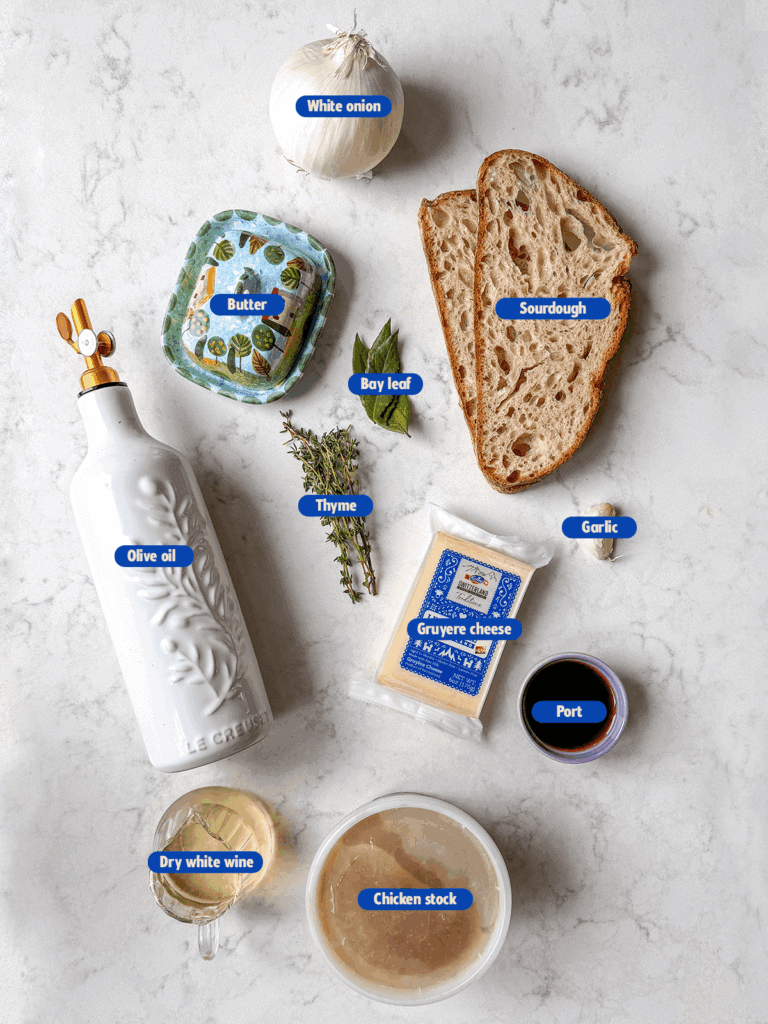 labeled ingredients for mini french onion soup