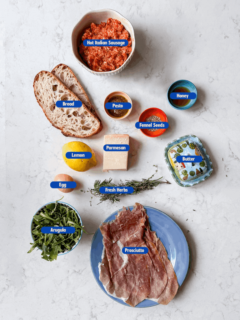 labeled ingredients for sausage breakfast sandwich