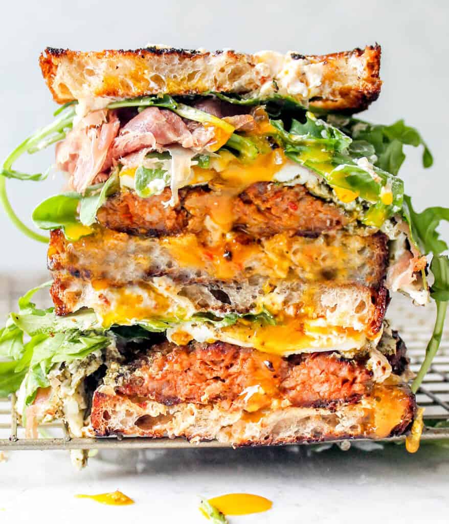 stacked sausage breakfast sandwich