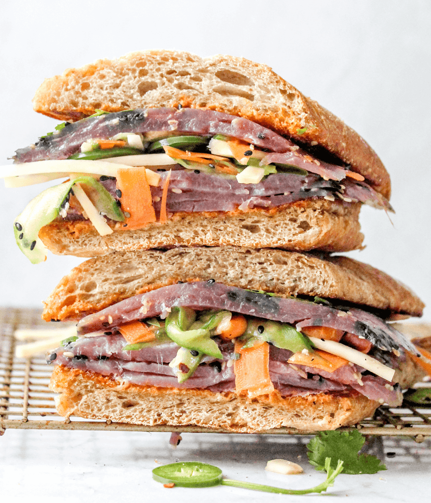 Bánh Mì style sandwich stacked on top of each other