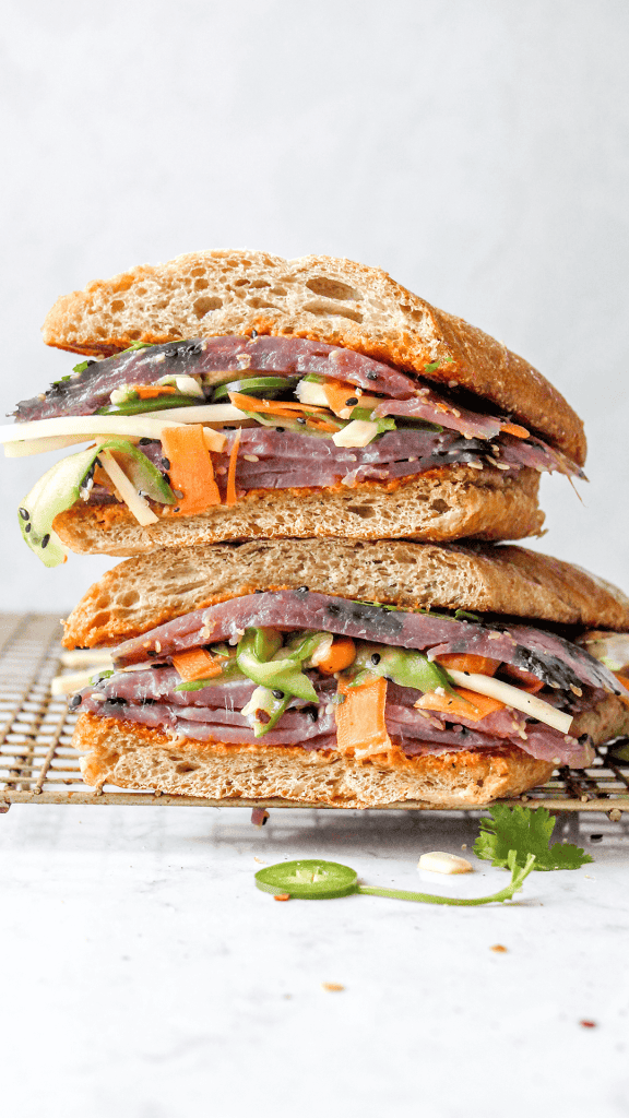 Bánh Mì style sandwich stacked on top of each other