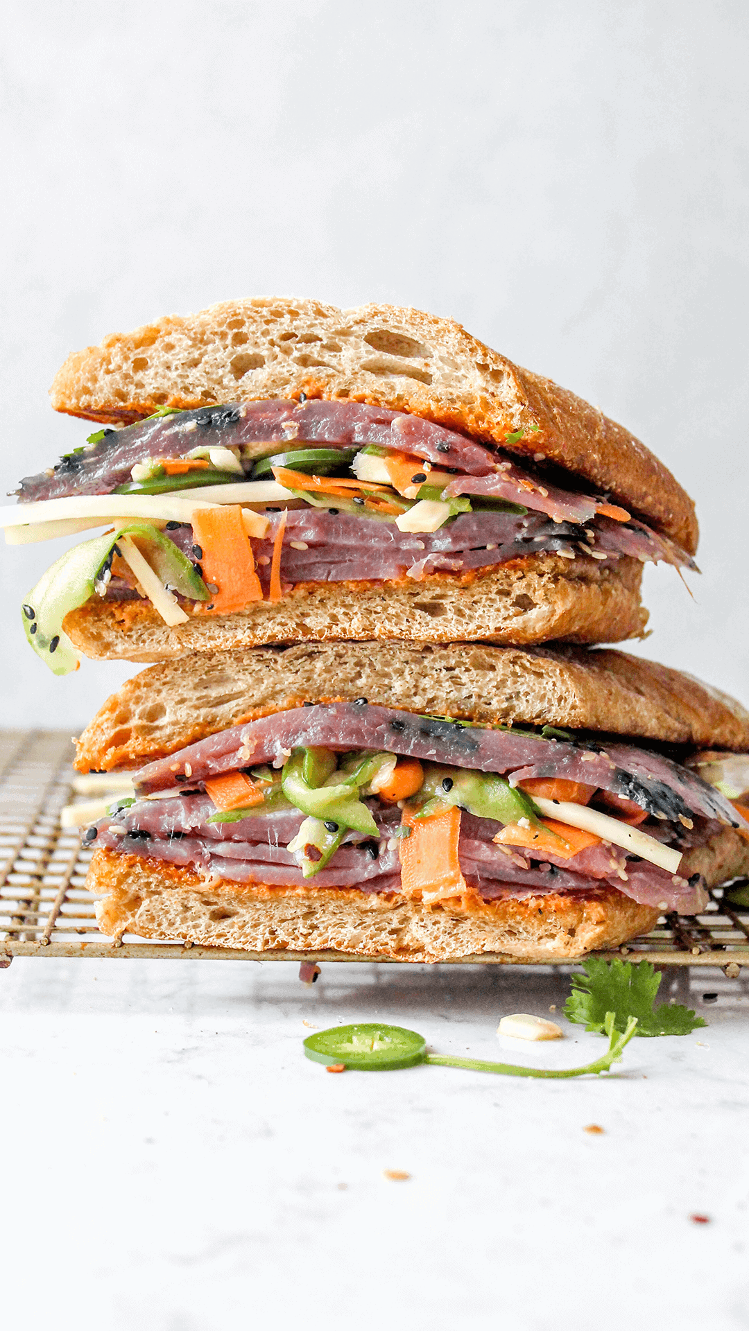 Bánh Mì style sandwich stacked on top of each other