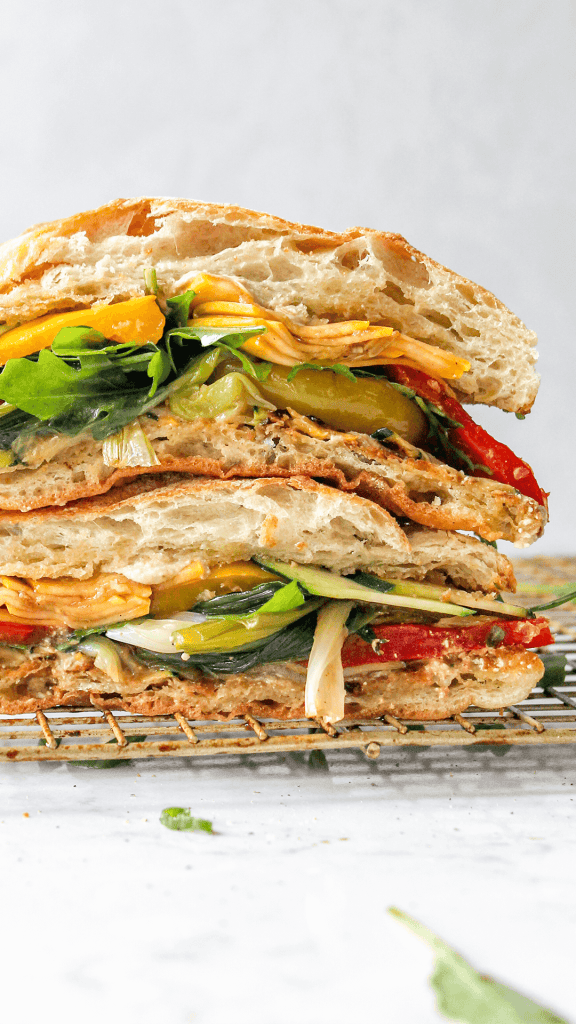 marinated vegetable and cottage cheese stacked sandwich