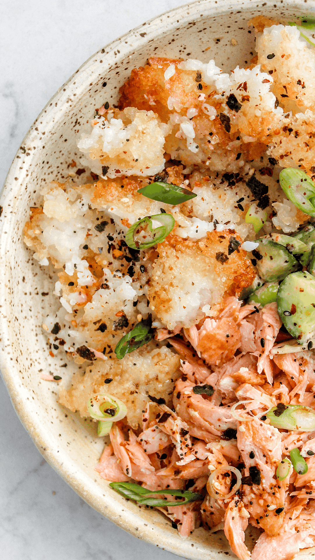 close up of a crispy rice salmon bowl