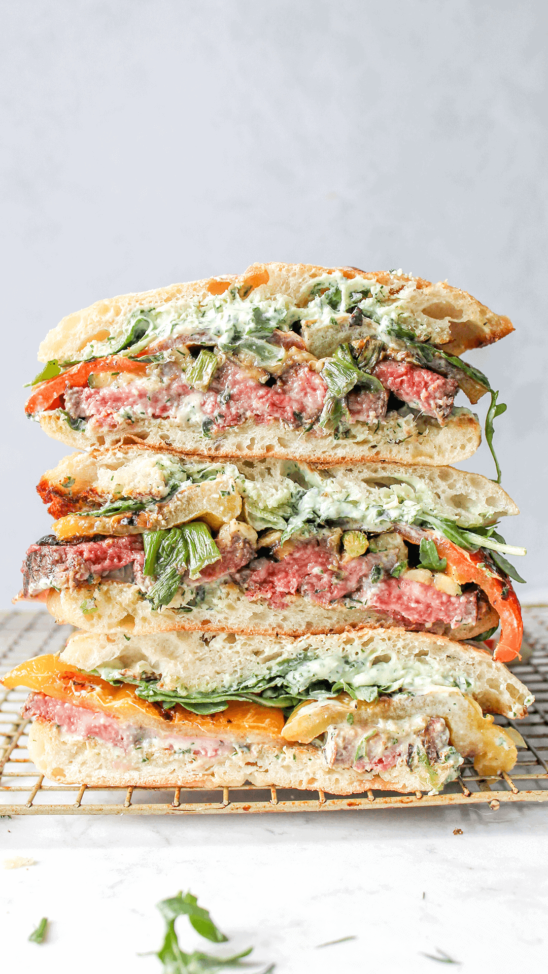 Stacked steak and vegetable sandwich