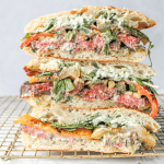 Stacked steak and vegetable sandwich