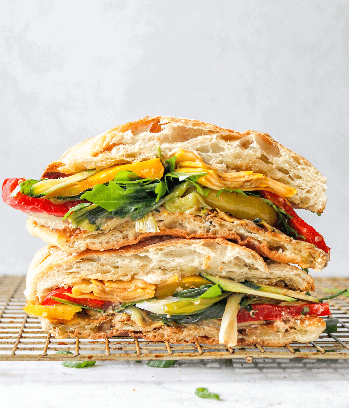 marinated vegetable and cottage cheese stacked sandwich