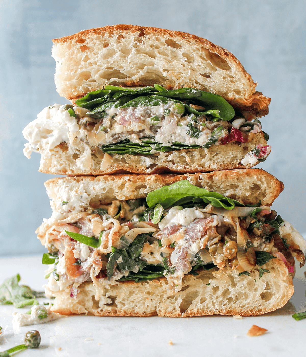 Spring Veg, Burrata, & Prosciutto Sandwich stacked