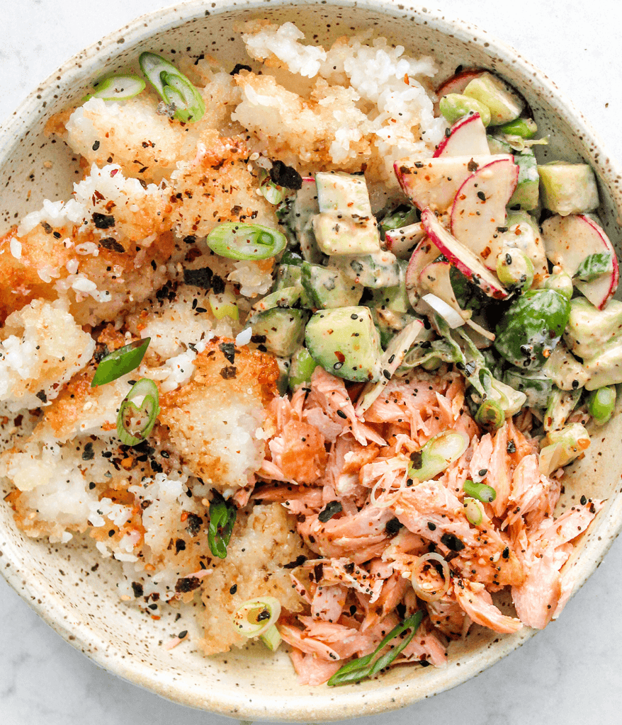 bowl of crispy rice salmon