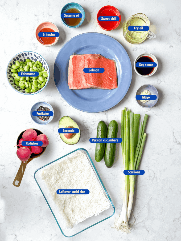 labeled ingredients for salmon crispy rice bowls