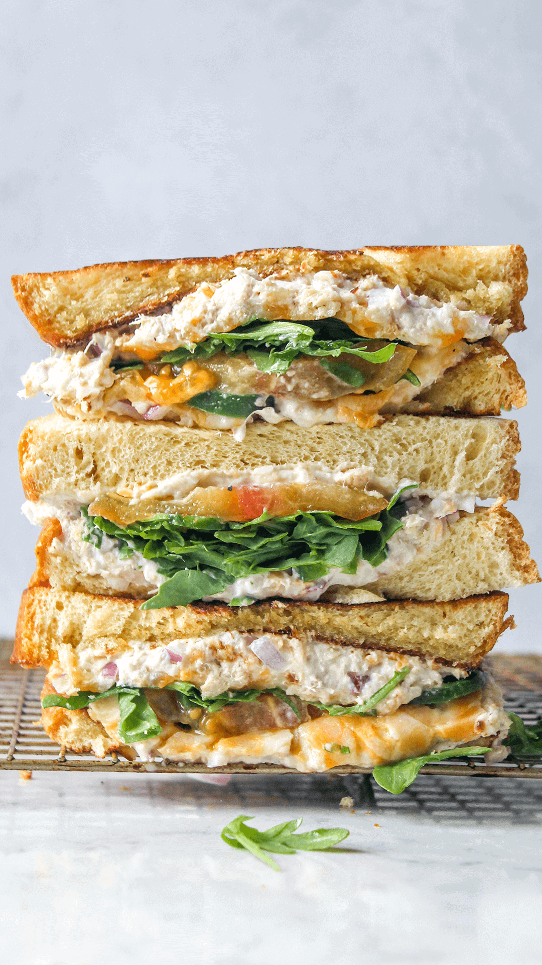 Stacked Jalapeño cheddar tuna salad sandwich