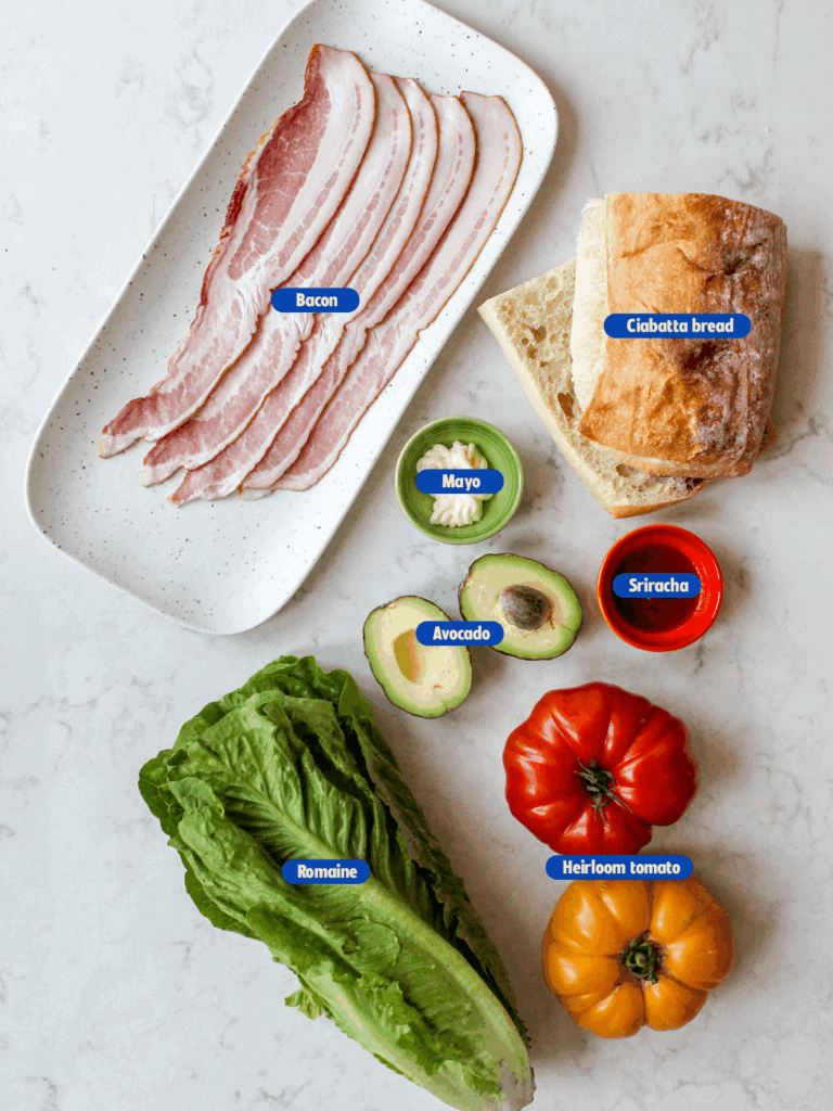 labeled ingredients for an Avocado BLT