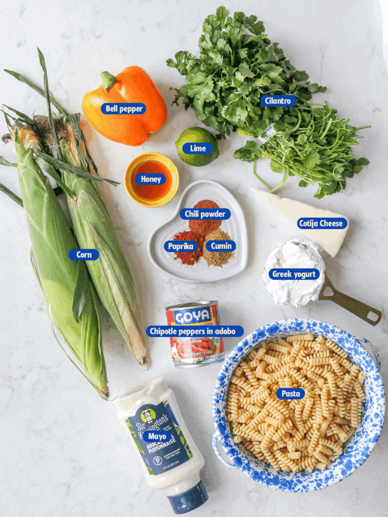 listed ingredients of Elote pasta salad