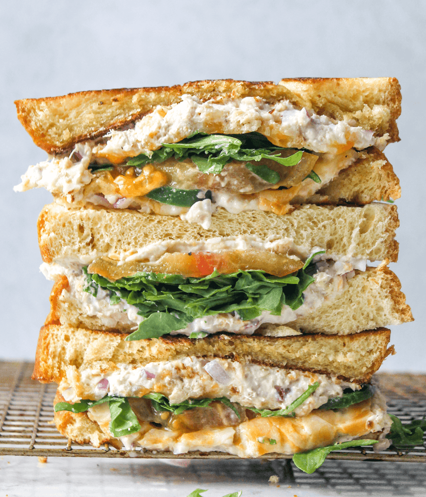 stacked Jalapeño cheddar tuna salad sandwich