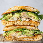 stacked Avocado, cheddar BBQ chicken sandwich