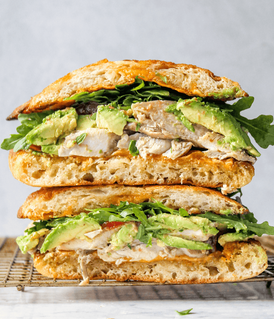 stacked Avocado, cheddar BBQ chicken sandwich