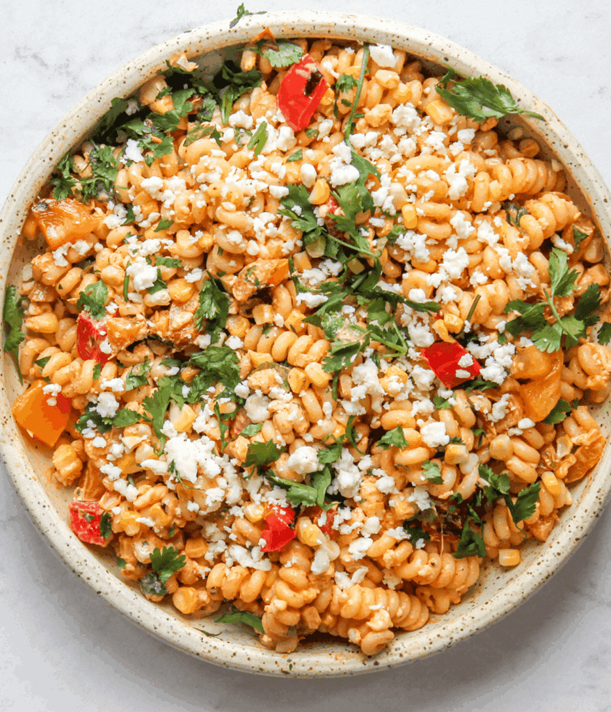 close up of Elote pasta salad
