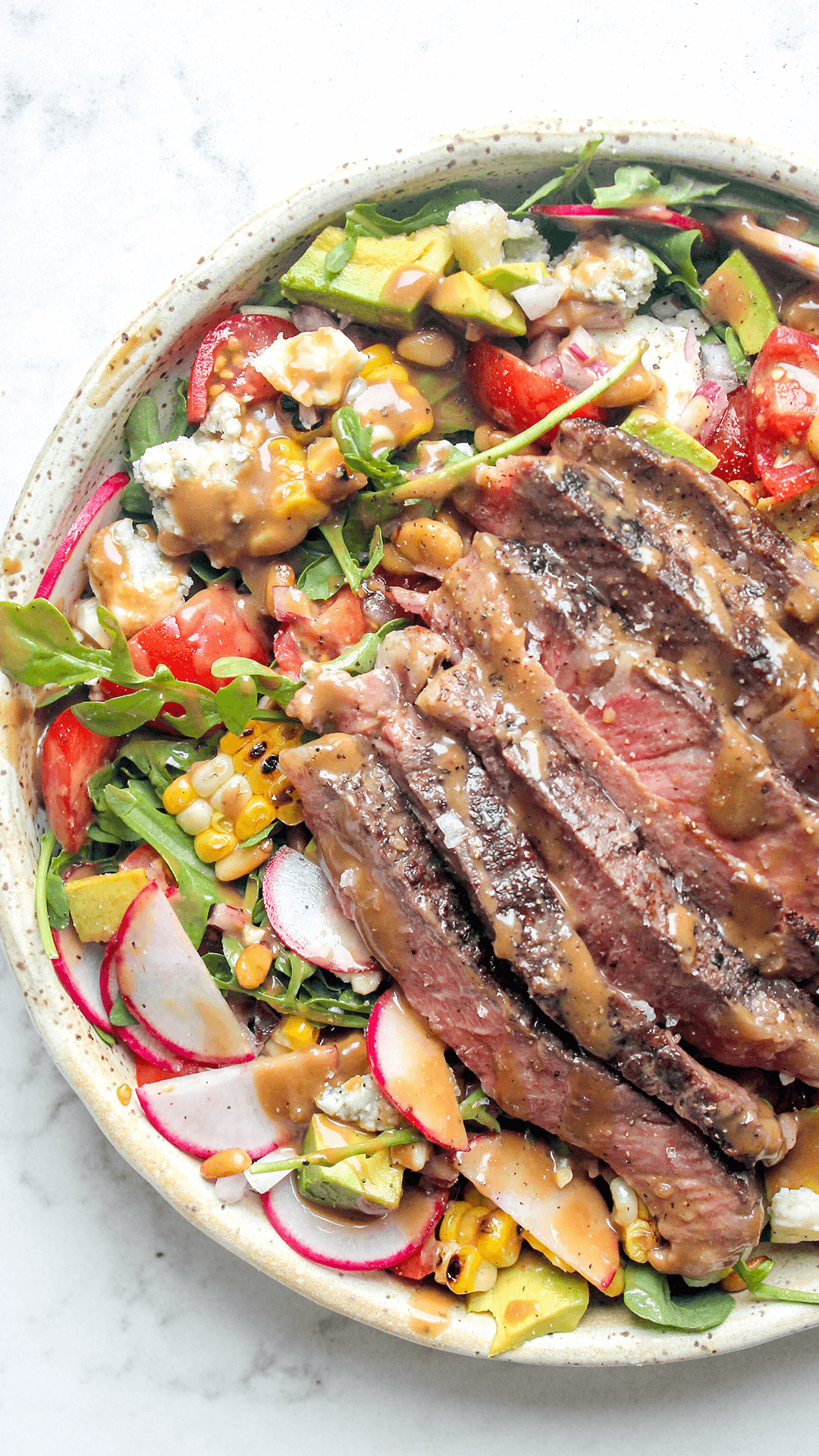 close up of Balsamic BBQ Steak & Blue Cheese Salad in a bowl