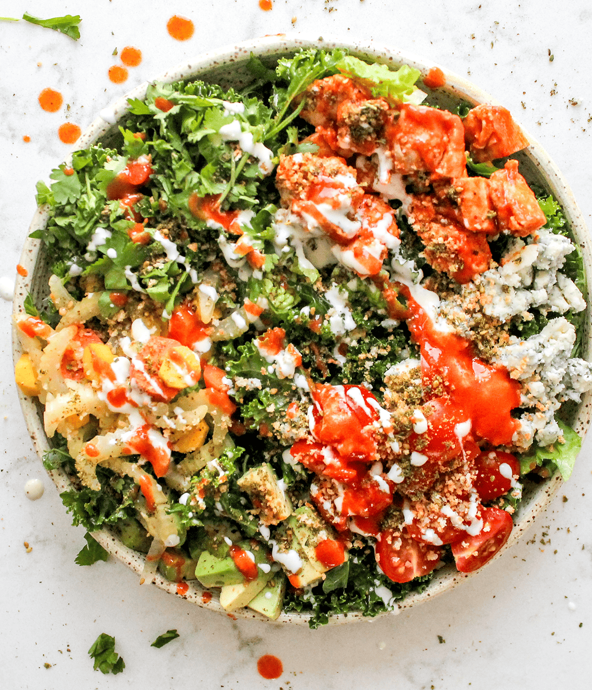 Finished buffalo chicken salad in a large bowl.