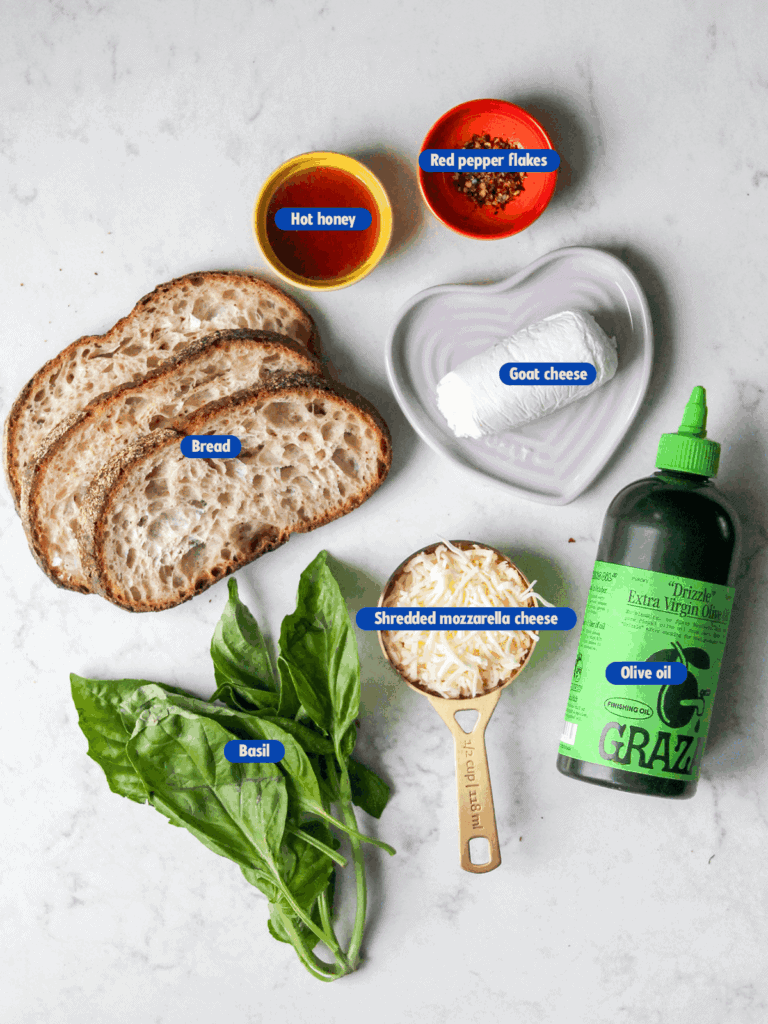listed ingredients of a goat cheese grilled cheese