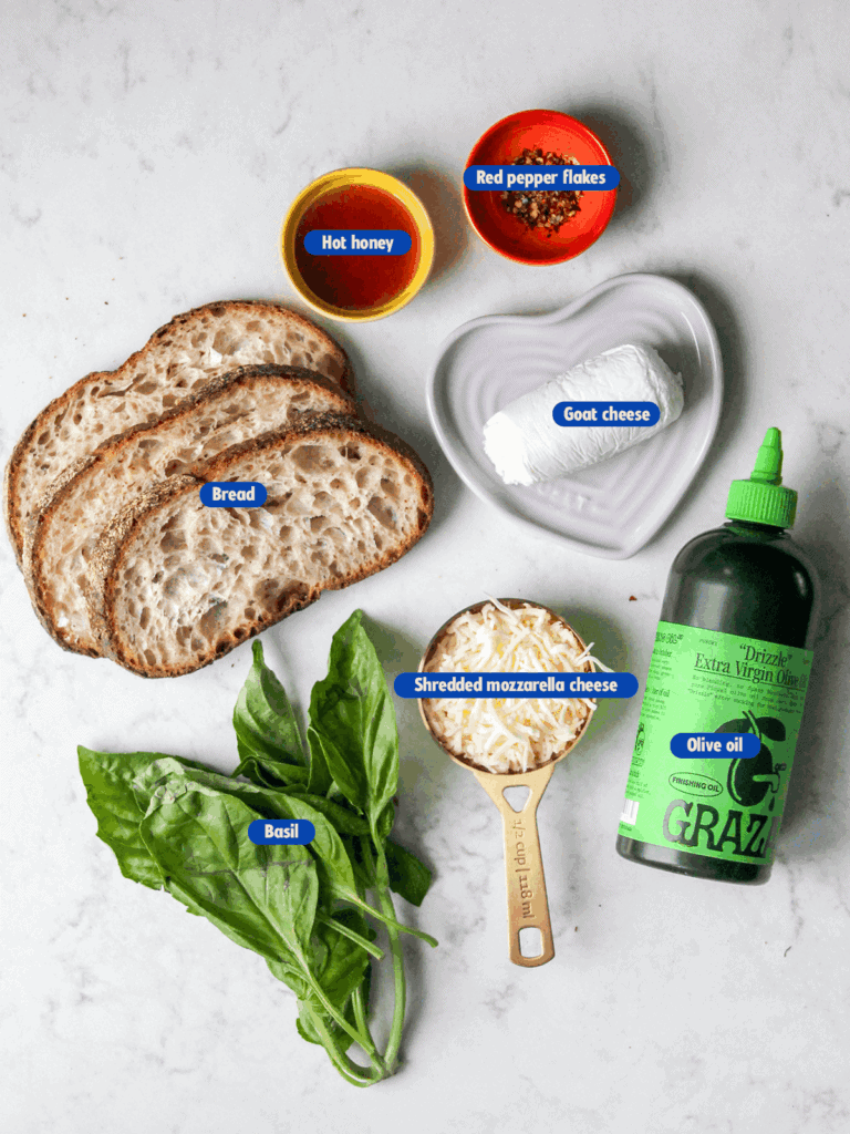 listed ingredients of a goat cheese grilled cheese