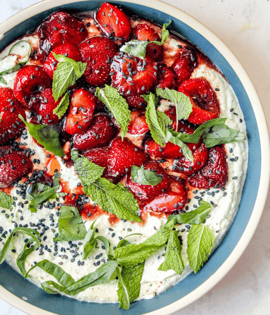 bowl of whipped feta balsamic strawberries