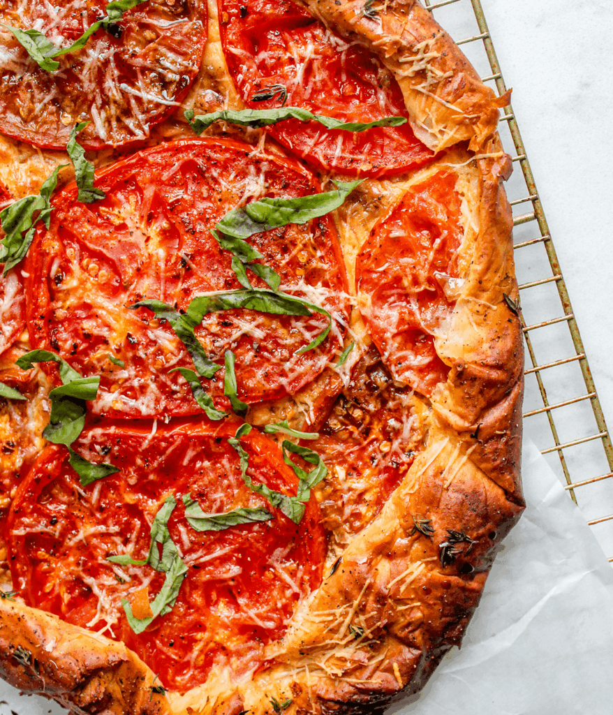 close up of a summer phyllo tomato tart