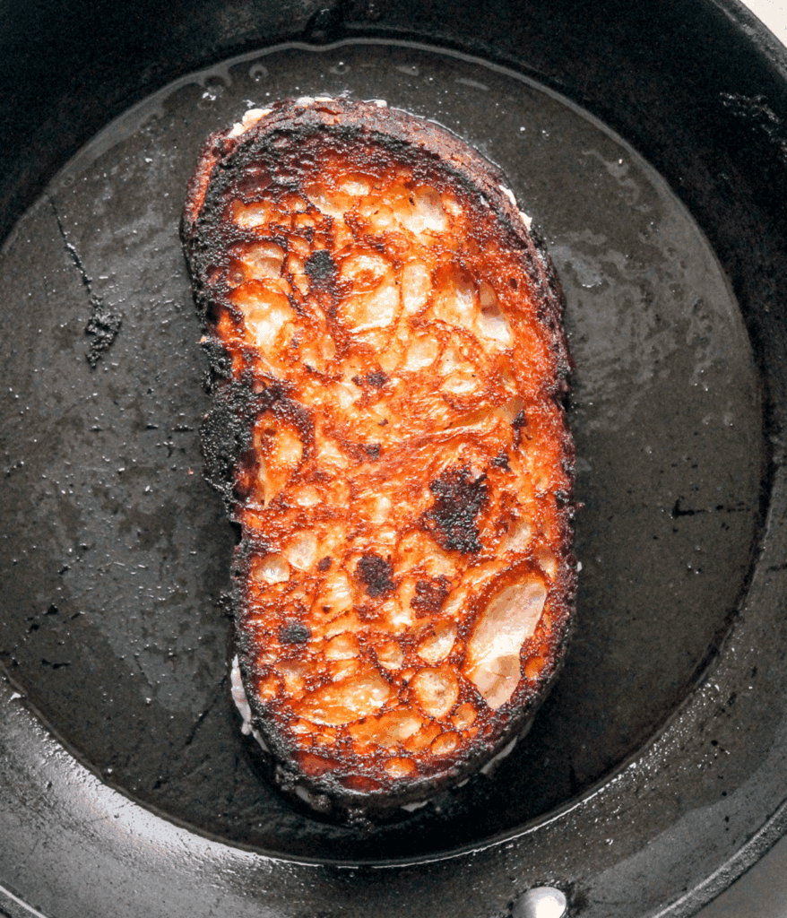 goat cheese grilled cheese in a skillet