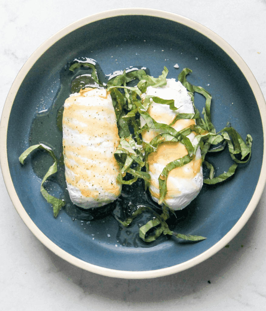 goat cheese and basil in bowl for a goat cheese grilled cheese