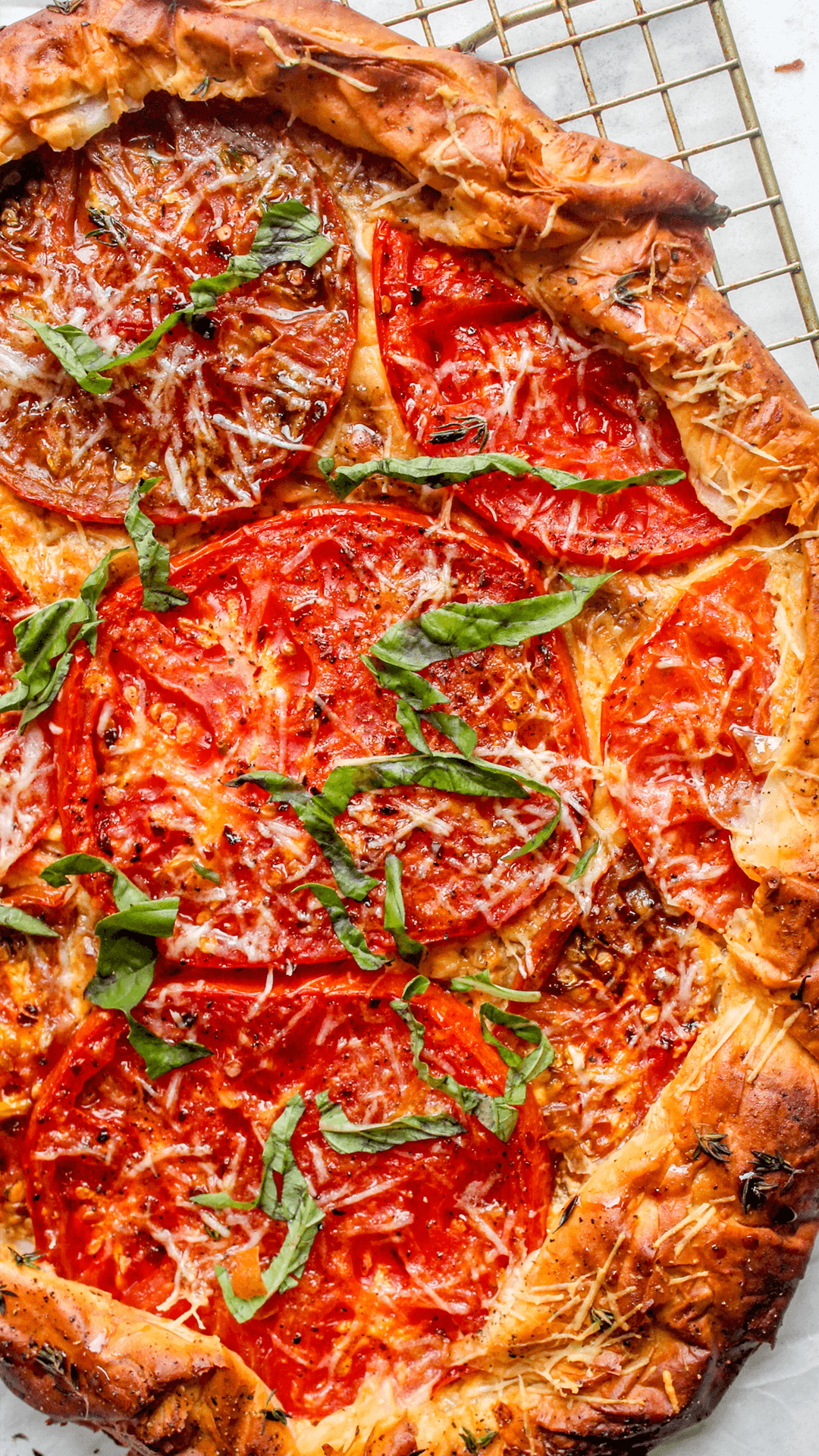close up of a summer phyllo tomato tart
