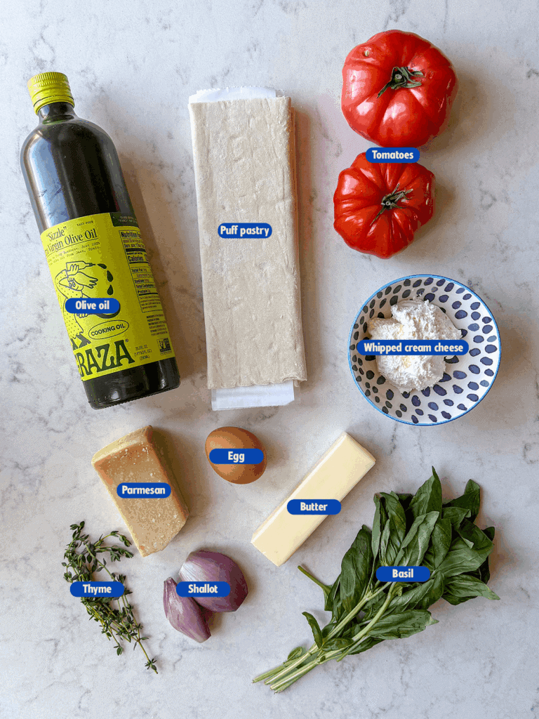 labeled ingredients for puff pastry tomato tart