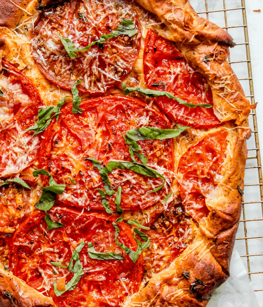 puff pastry tomato tart on rack