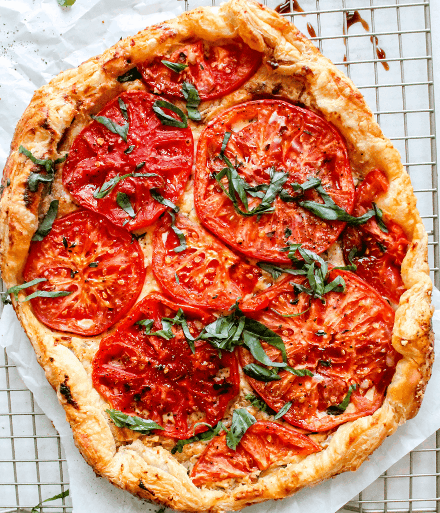 puff pastry tomato tart on rack