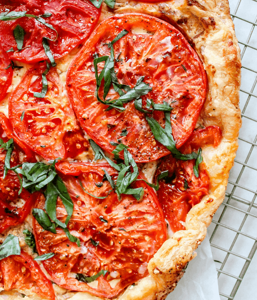 puff pastry tomato tart on rack