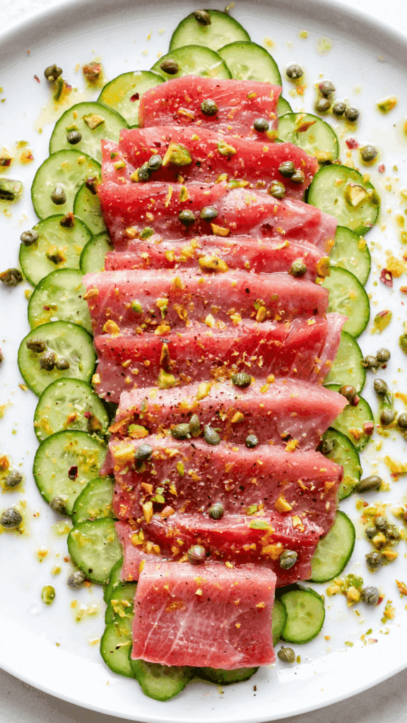 close up of tuna crudo on a plate