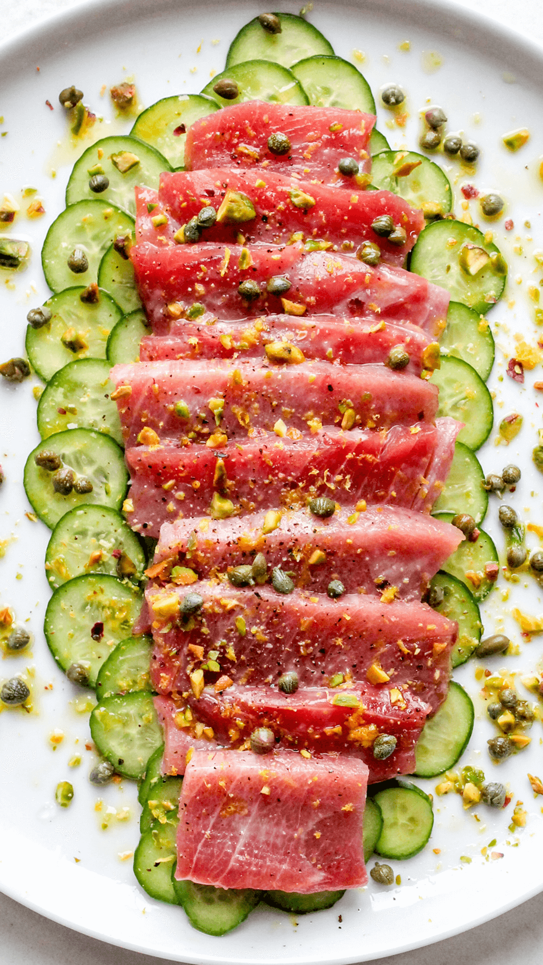 close up of tuna crudo on a plate