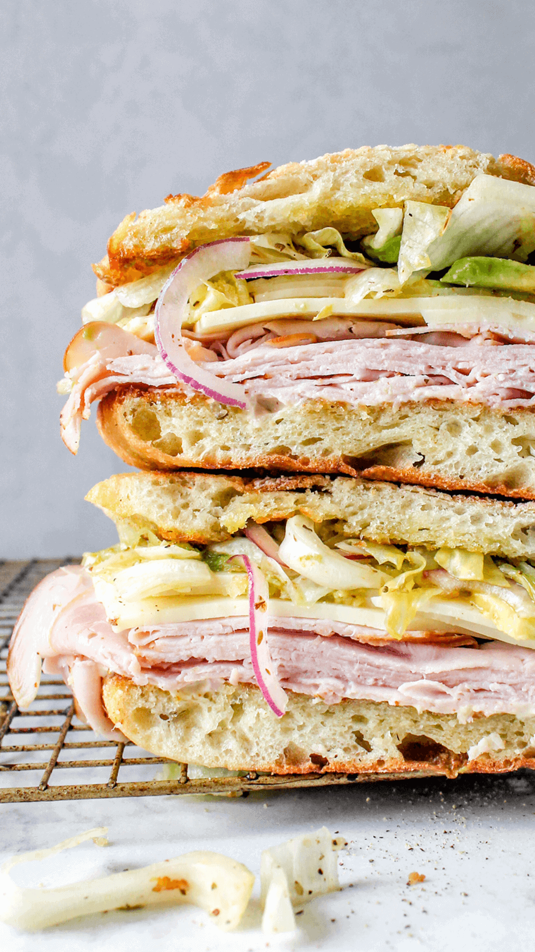 close up of ham and cheddar cheese sandwich
