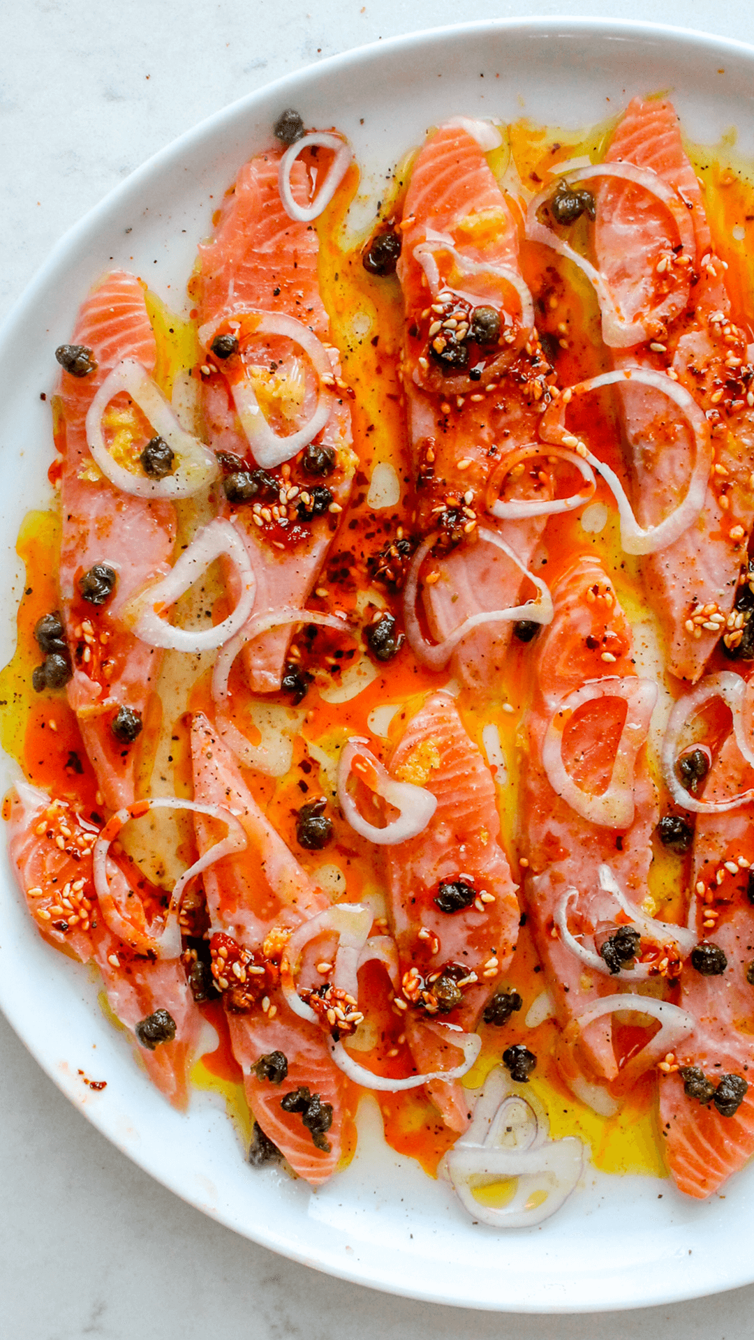 close up of spicy salmon crudo