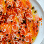 close up of spicy salmon crudo