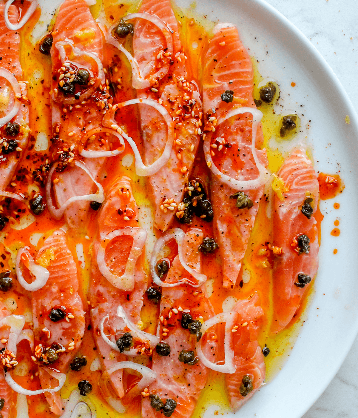close up of spicy salmon crudo