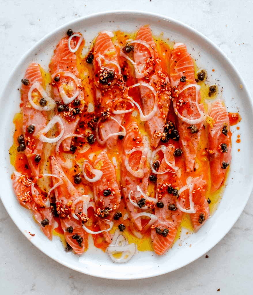 plate of spicy salmon crudo