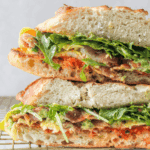close up stack of sundried tomato breakfast sandwich