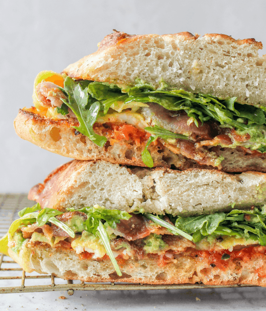 close up stack of sundried tomato breakfast sandwich