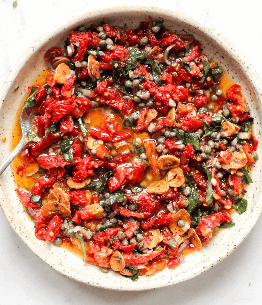 close up of sun-dried tomato dip