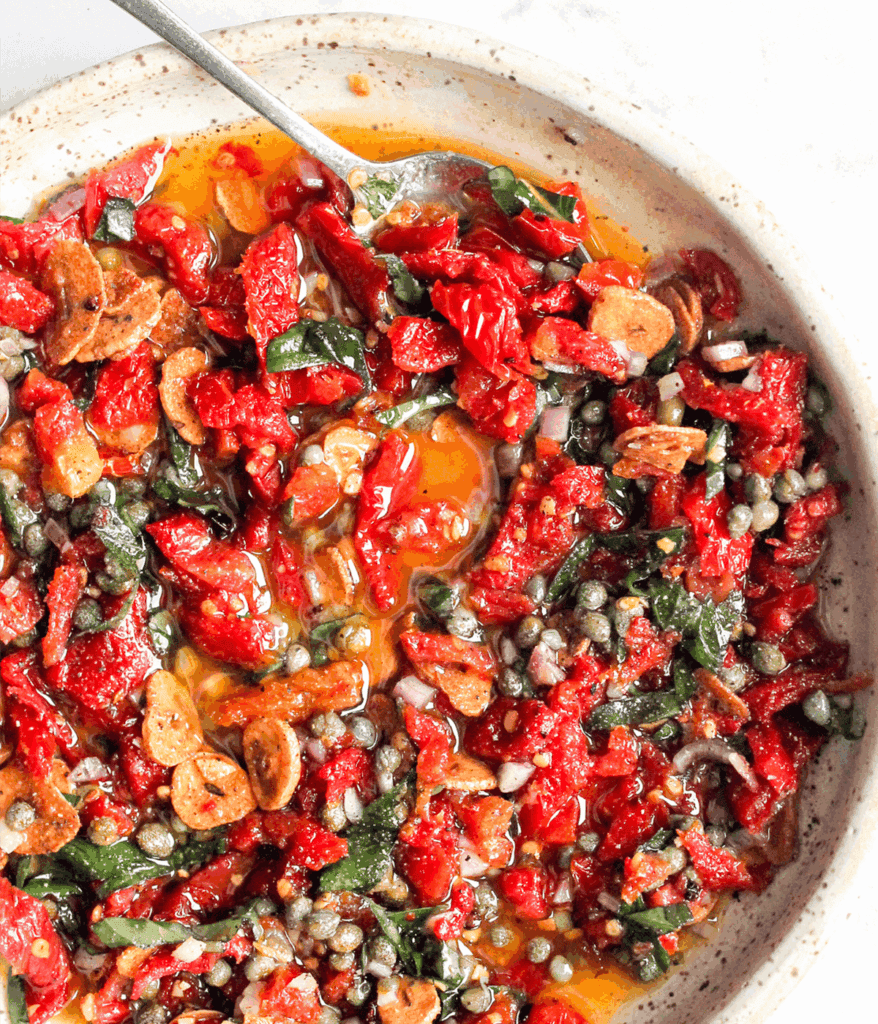 close up of sun-dried tomato dip