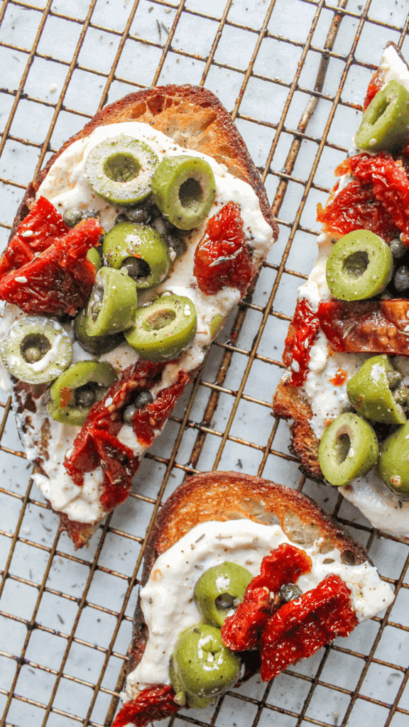 close up of mediterranean ricotta toasts