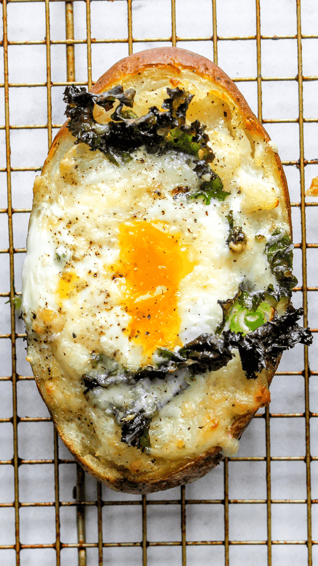 close up of kale breakfast baked potato