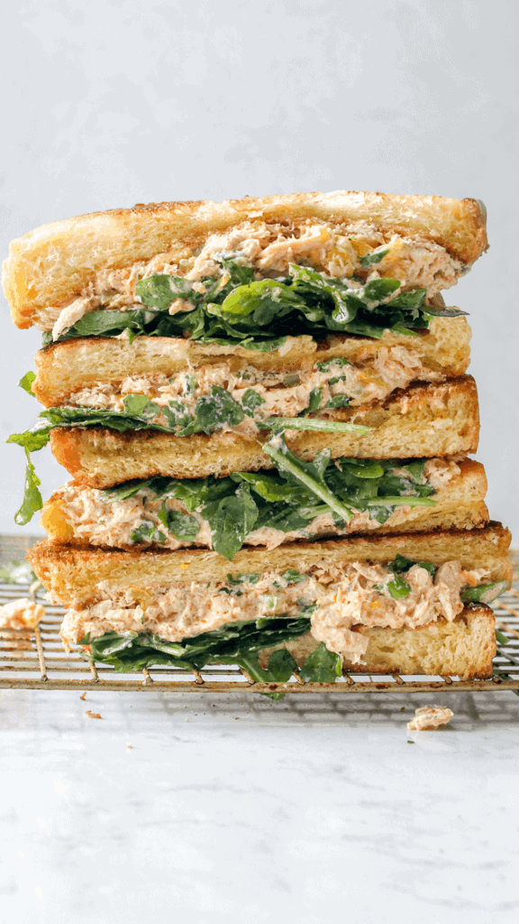 stacked spicy tuna salad sandwich