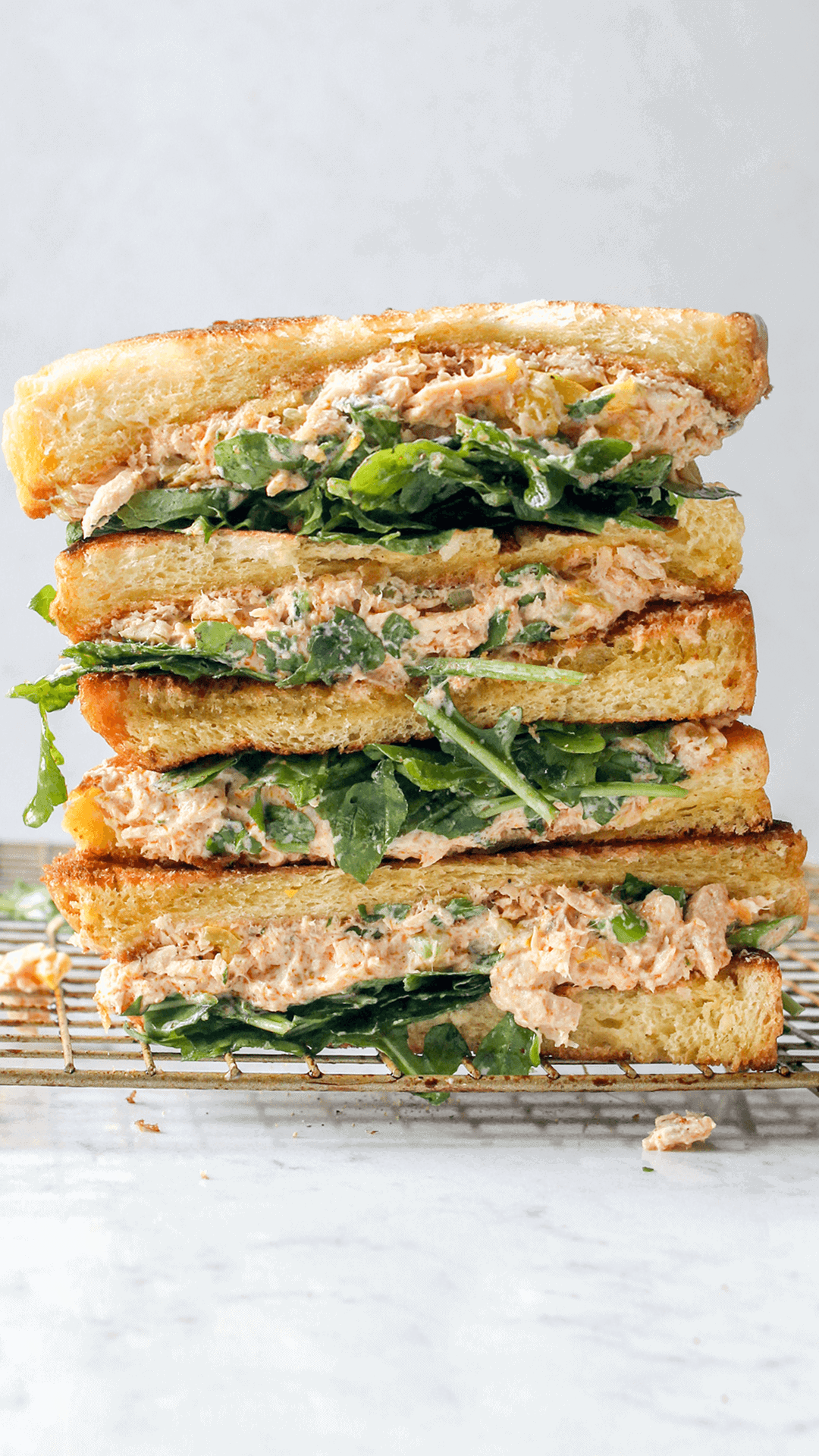 stacked spicy tuna salad sandwich
